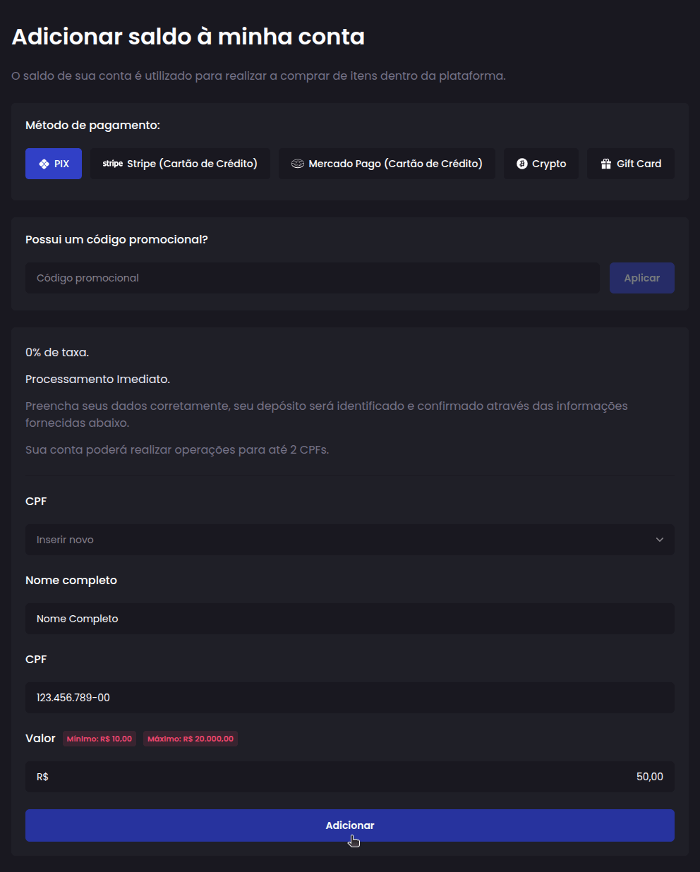 Como faço para adicionar saldo na minha conta? - Passo 3