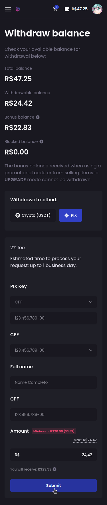 How do I withdraw my balance to my bank account? - Step 2