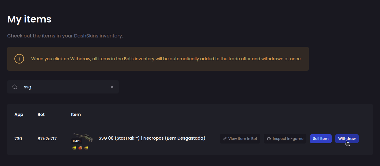 How do I withdraw my skins to my Steam account? - Step 2