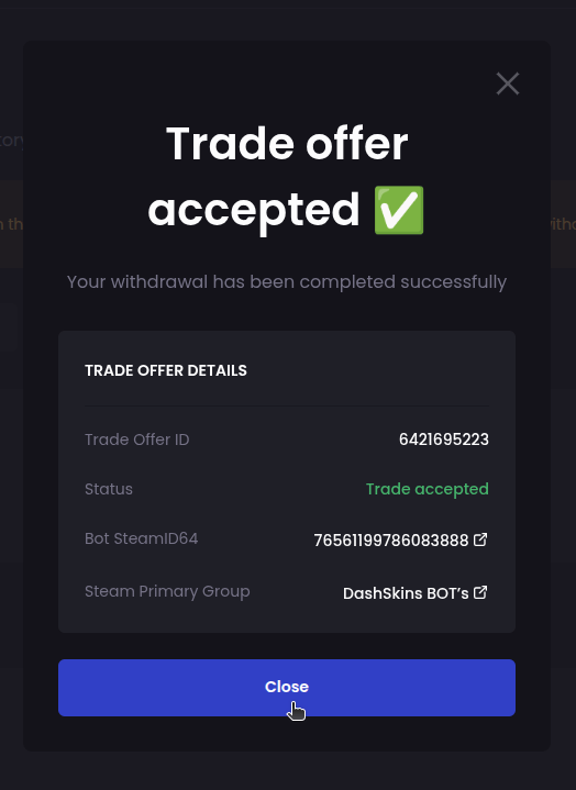 How do I withdraw my skins to my Steam account? - Step 4