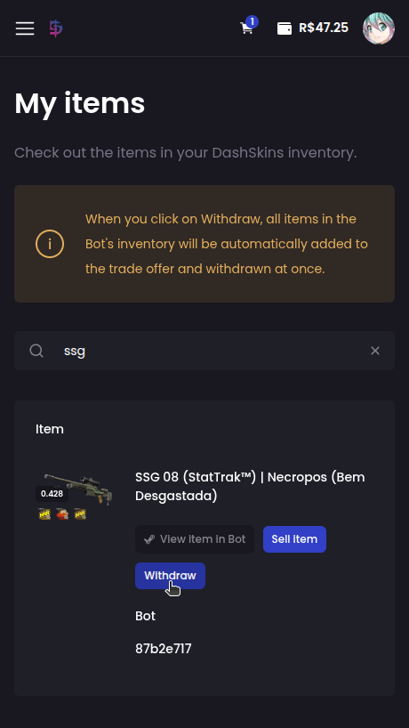 How do I withdraw my skins to my Steam account? - Step 2