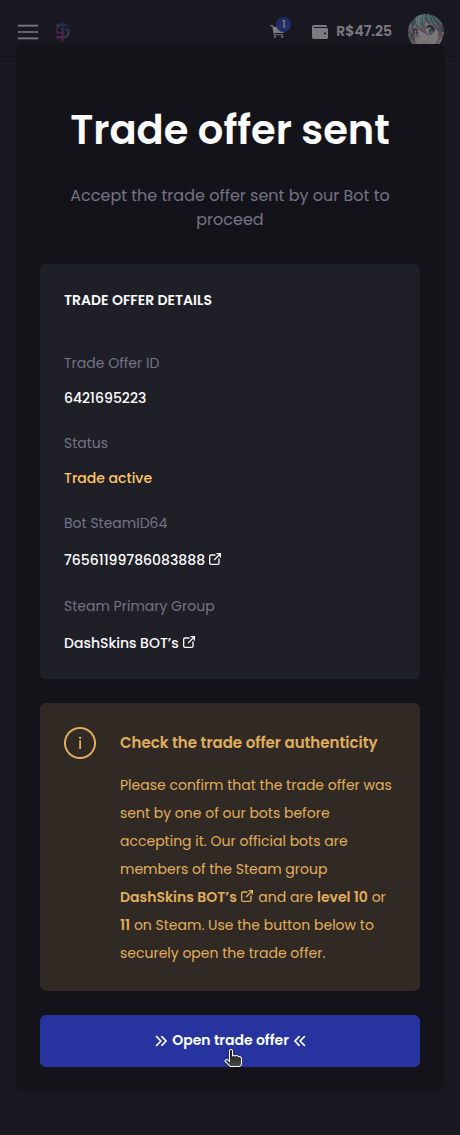 How do I withdraw my skins to my Steam account? - Step 3