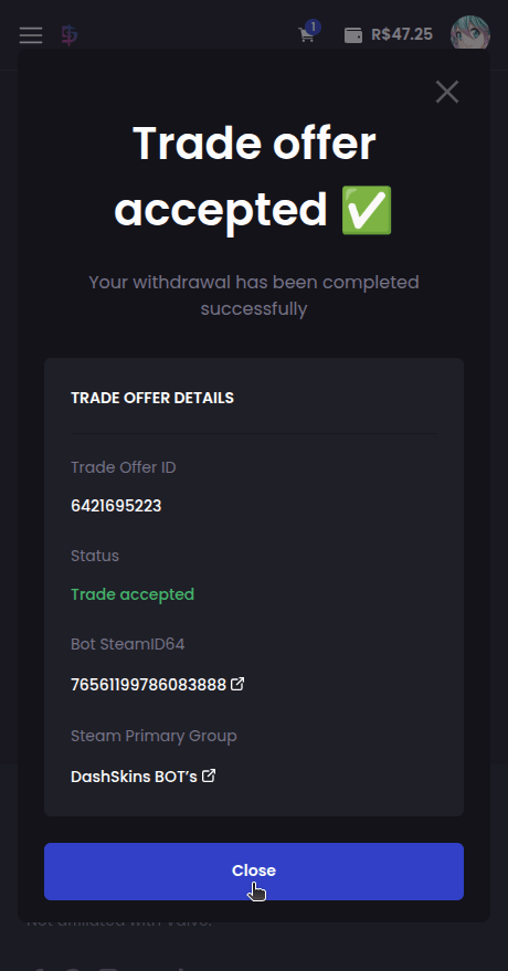 How do I withdraw my skins to my Steam account? - Step 4