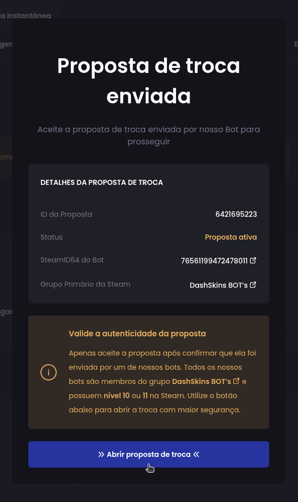 Como faço para retirar minhas skins para minha conta da Steam? - Passo 3