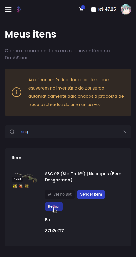 Como faço para retirar minhas skins para minha conta da Steam? - Passo 2
