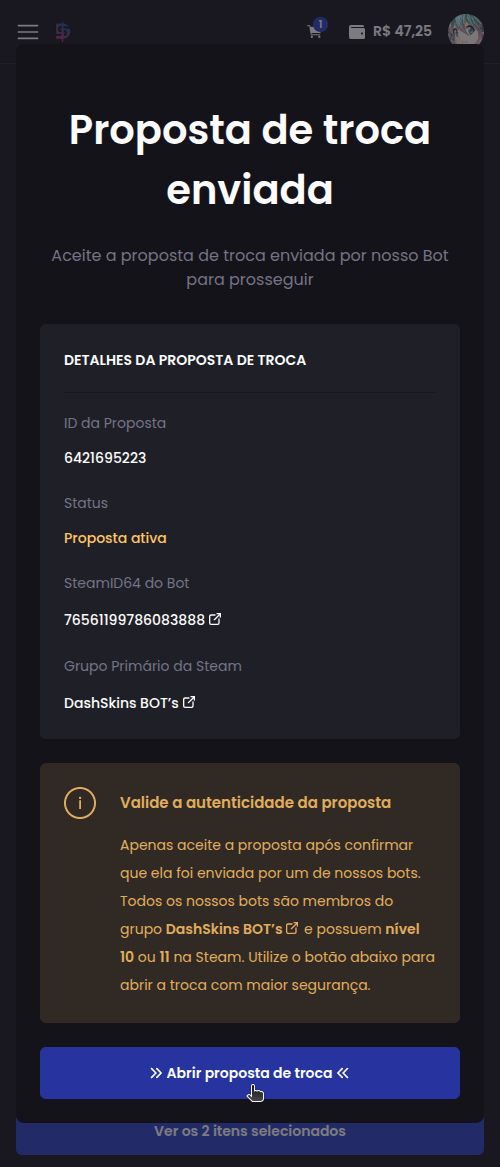 Como vender minhas skins? - Passo 8