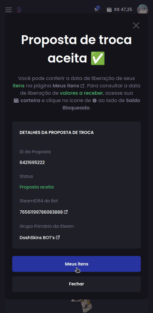 Como vender minhas skins? - Passo 9