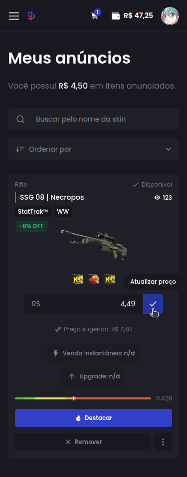 Como alterar o preço de venda de uma skin? - Passo 2