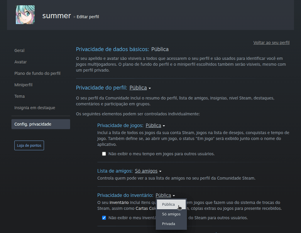 Como alterar a visibilidade de meu perfil e invantário da Steam? - Passo 5