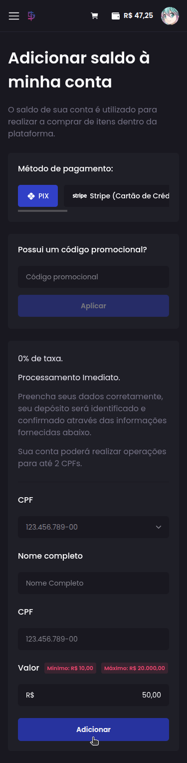 Como faço para adicionar saldo na minha conta? - Passo 3