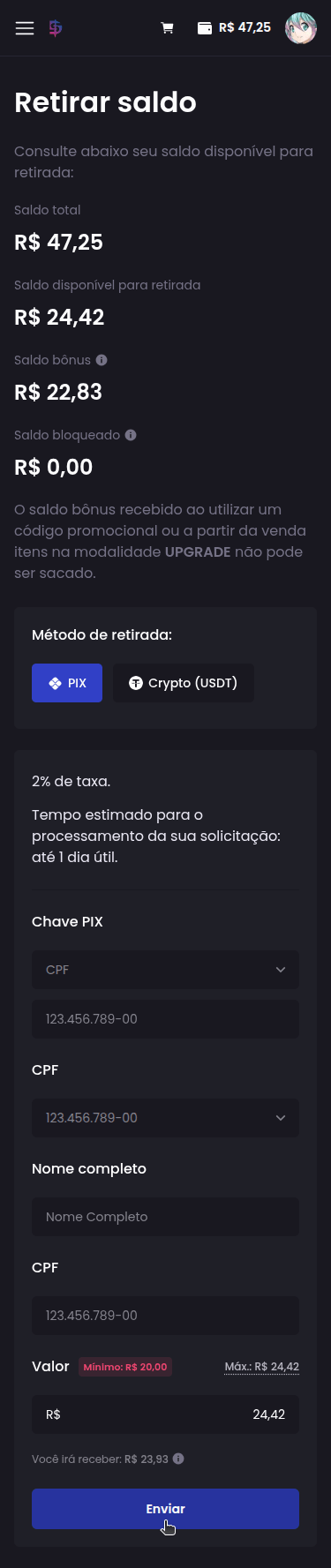 Como faço para retirar meu saldo para minha conta bancária? - Passo 2