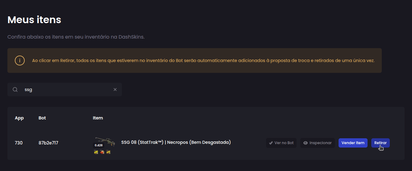 Como faço para retirar minhas skins para minha conta da Steam? - Passo 2