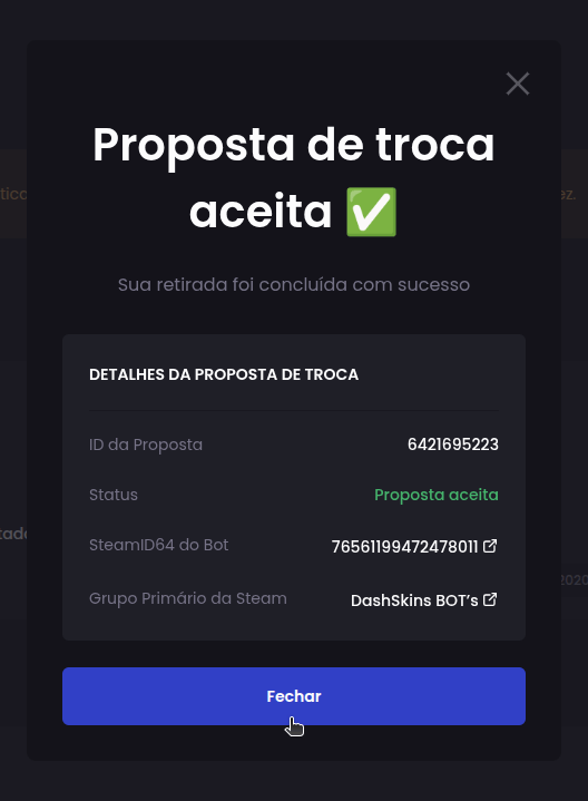 Como faço para retirar minhas skins para minha conta da Steam? - Passo 4