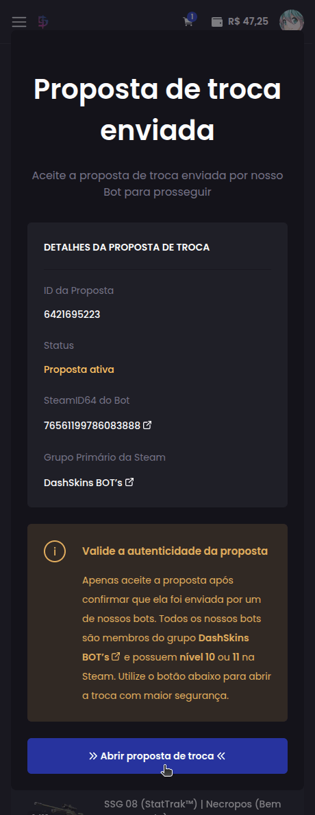 Como faço para retirar minhas skins para minha conta da Steam? - Passo 3