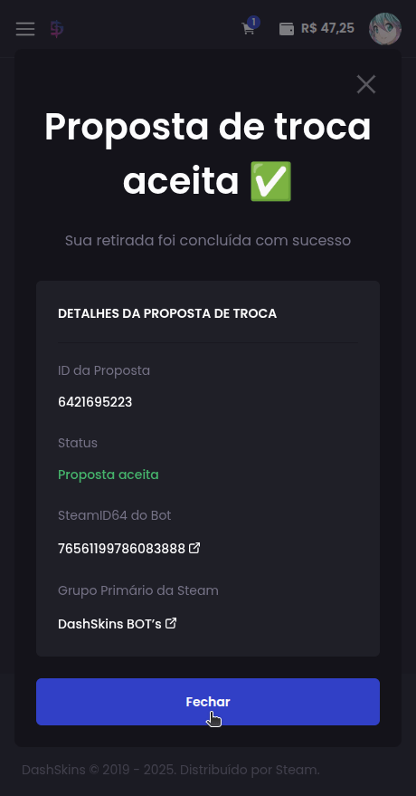 Como faço para retirar minhas skins para minha conta da Steam? - Passo 4